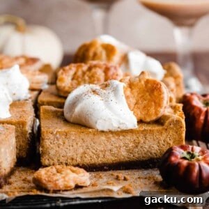Irish Cream Pumpkin Cheesecake Bars Recipe for Fall Desserts 11 A close-up of a slice of pumpkin cheesecake bar with whipped cream on top.