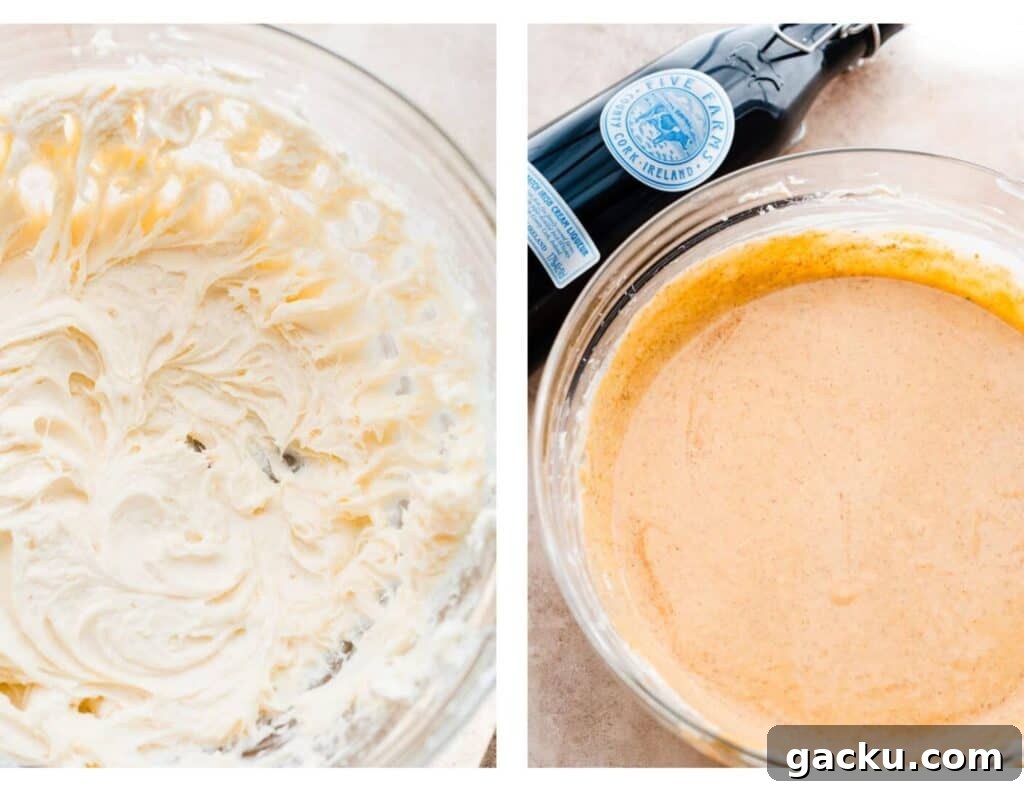 Irish Cream Pumpkin Cheesecake Bars Recipe for Fall Desserts 5 Two images: one of the beaten cream cheese and sugar, and one of the final slightly runny batter.