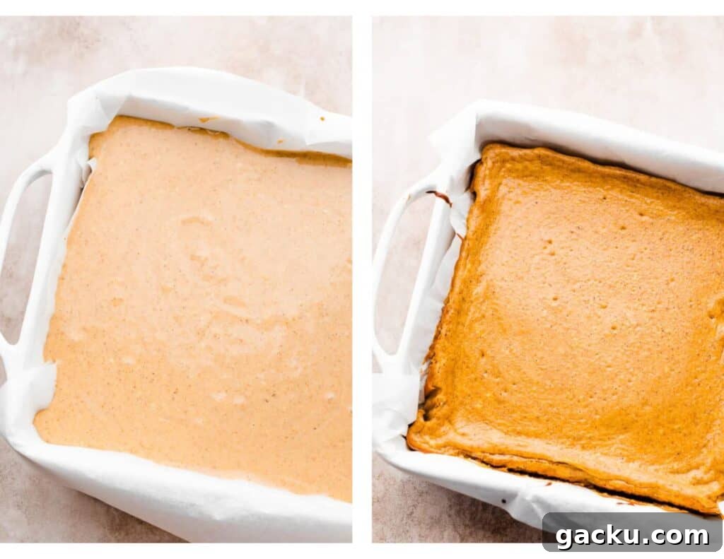 Irish Cream Pumpkin Cheesecake Bars Recipe for Fall Desserts 6 Two images: one of the cheesecake batter in the pan, and one of the baked cheesecake bars in the pan.
