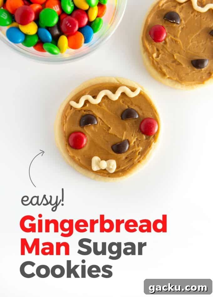 Circle Gingerbread Man Sugar Cookies — Festive Round Cookie Recipe 2 easy gingerbread man face cookie using circle cookie cutter, decorated with M&M candy