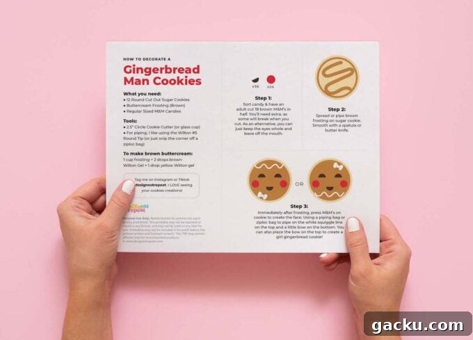 Circle Gingerbread Man Sugar Cookies — Festive Round Cookie Recipe 4 hands holding printable gingerbread man cookie instruction sheet printable
