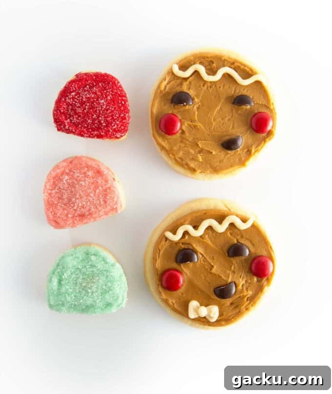 Circle Gingerbread Man Sugar Cookies — Festive Round Cookie Recipe 8 brown gingerbread man face cookies with mini colorful gumdrop cookies