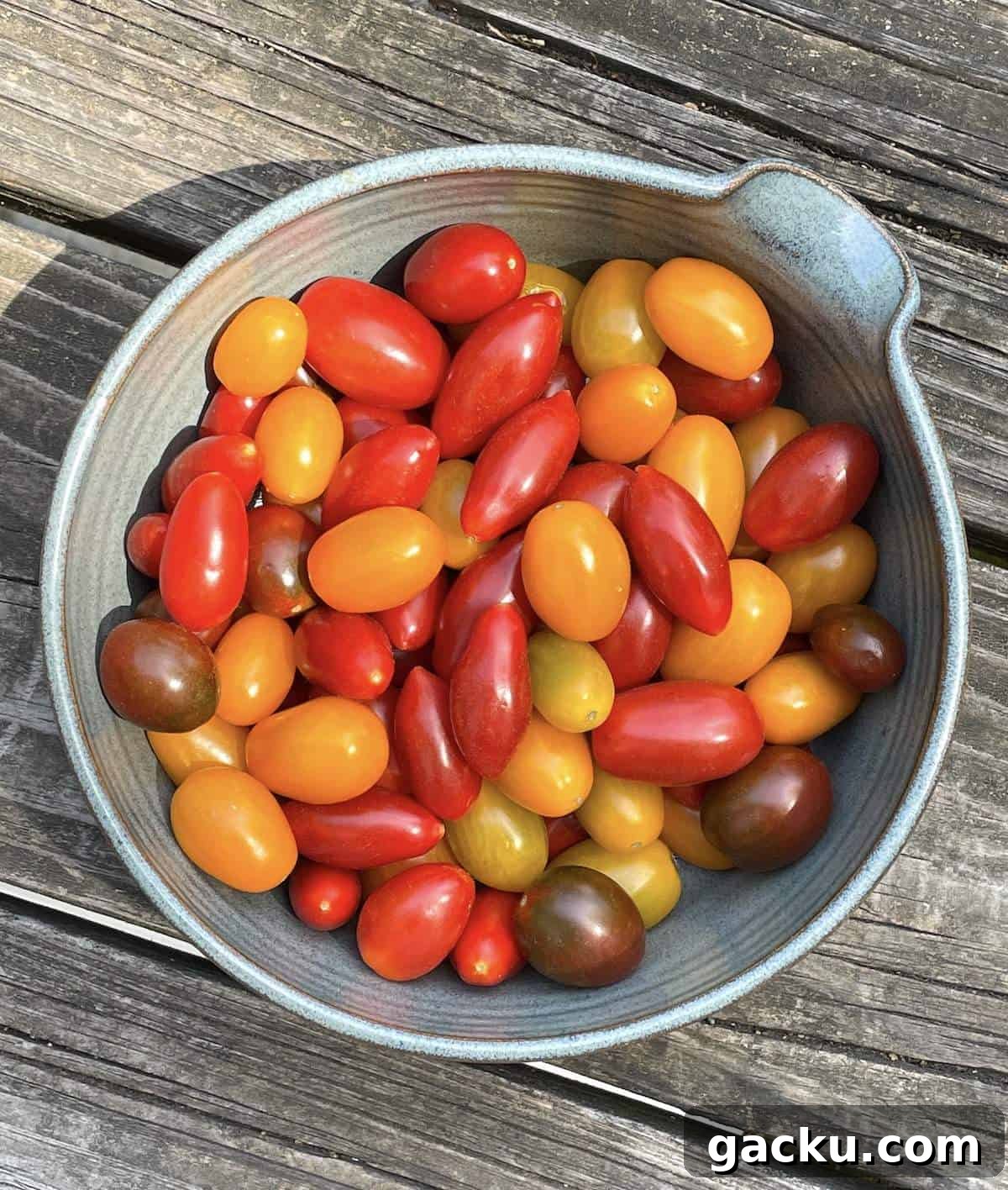Dehydrating Cherry Tomatoes: Step-by-Step Guide for Perfect Results 3 A blue bowl filled with cherry tomatoes.