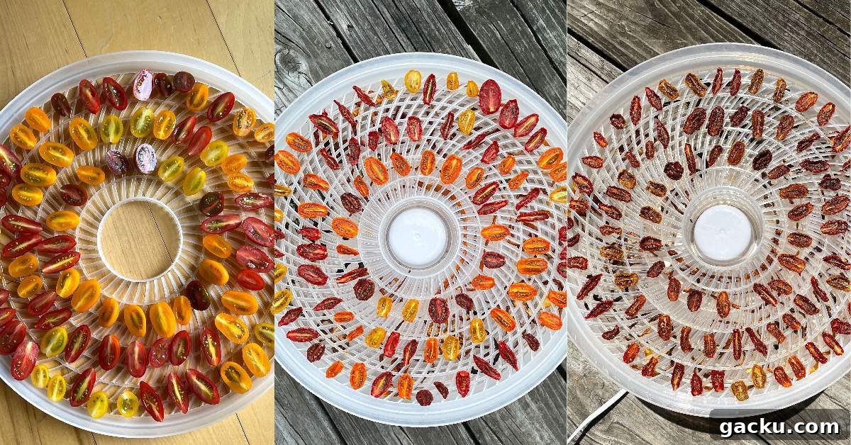 Dehydrating Cherry Tomatoes: Step-by-Step Guide for Perfect Results 6 A collage of images showing how to dehydrate cherry tomatoes using a nesco dehydrator.