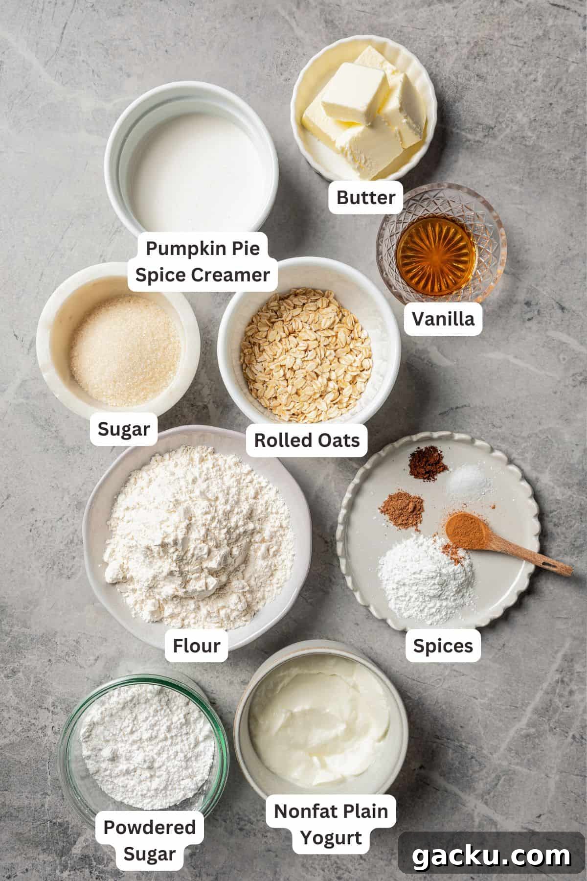 These tender, flaky cinnamon scones are packed with wholesome oats and cozy fall spice! Ingredients for cinnamon scones with text labels overlaying each ingredient.