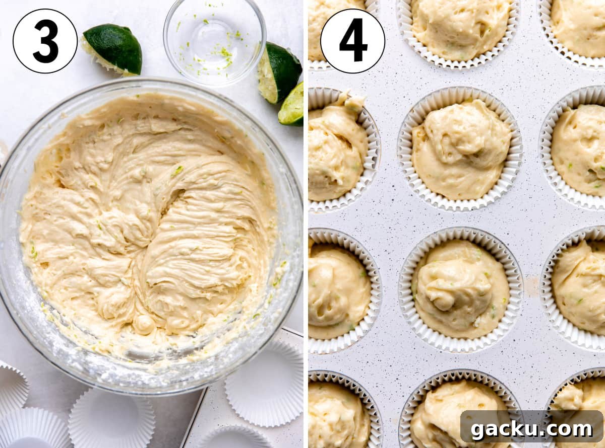Coconut Lime Cupcakes with Creamy Coconut Frosting 5 How to make coconut cupcakes with lime, showing batter being added to muffin tin for baking.