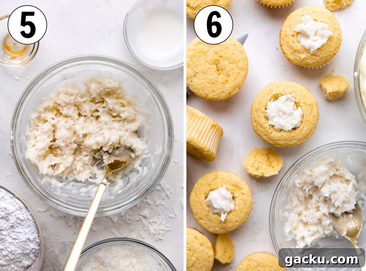 Coconut Lime Cupcakes with Creamy Coconut Frosting 6 How to make coconut lime cupcakes, showing creamy coconut filling being added to centers of cupcakes.