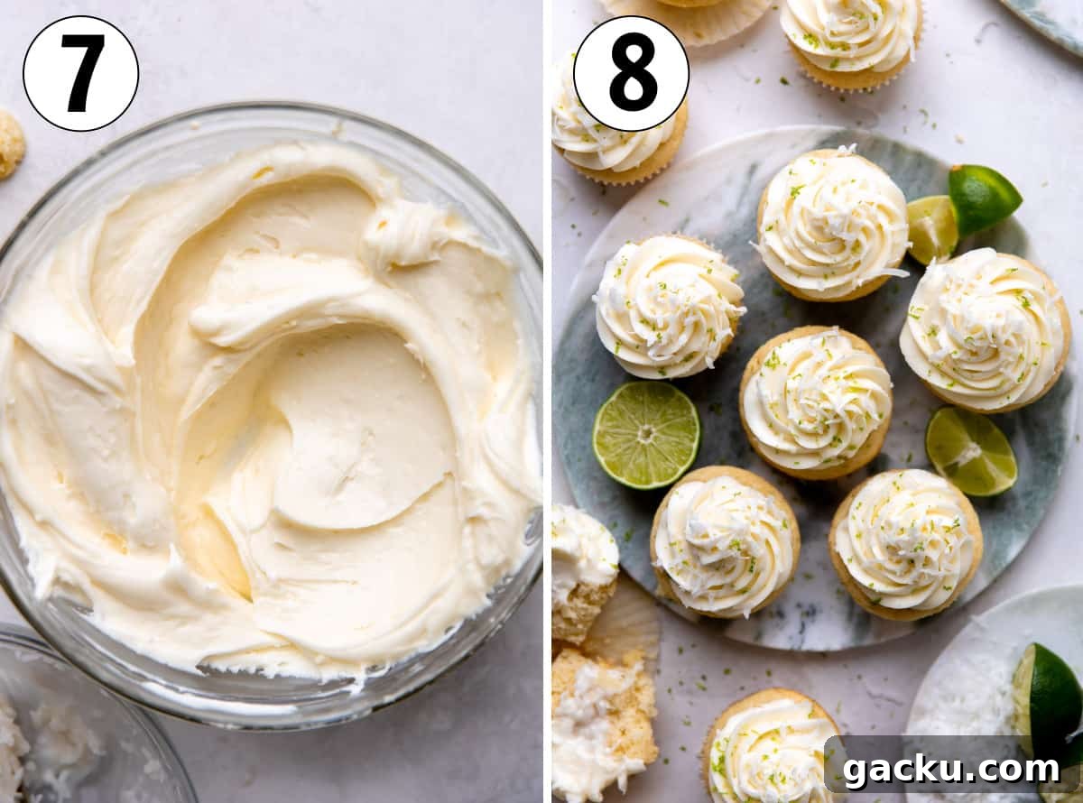 Coconut Lime Cupcakes with Creamy Coconut Frosting 7 How to make coconut cream cheese frosting, then being added in a swirl on top of the cupcakes.