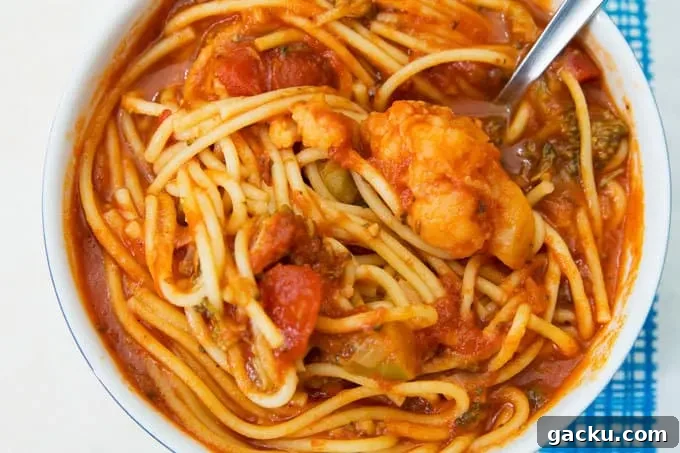 overhead photo of instant pot spaghetti soup