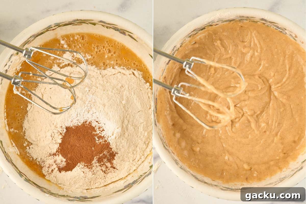 Moist Spiced Sourdough Banana Cake Recipe for Tangy Flavor 5 Split image: dry ingredients added to wet batter, then fully mixed banana cake batter.