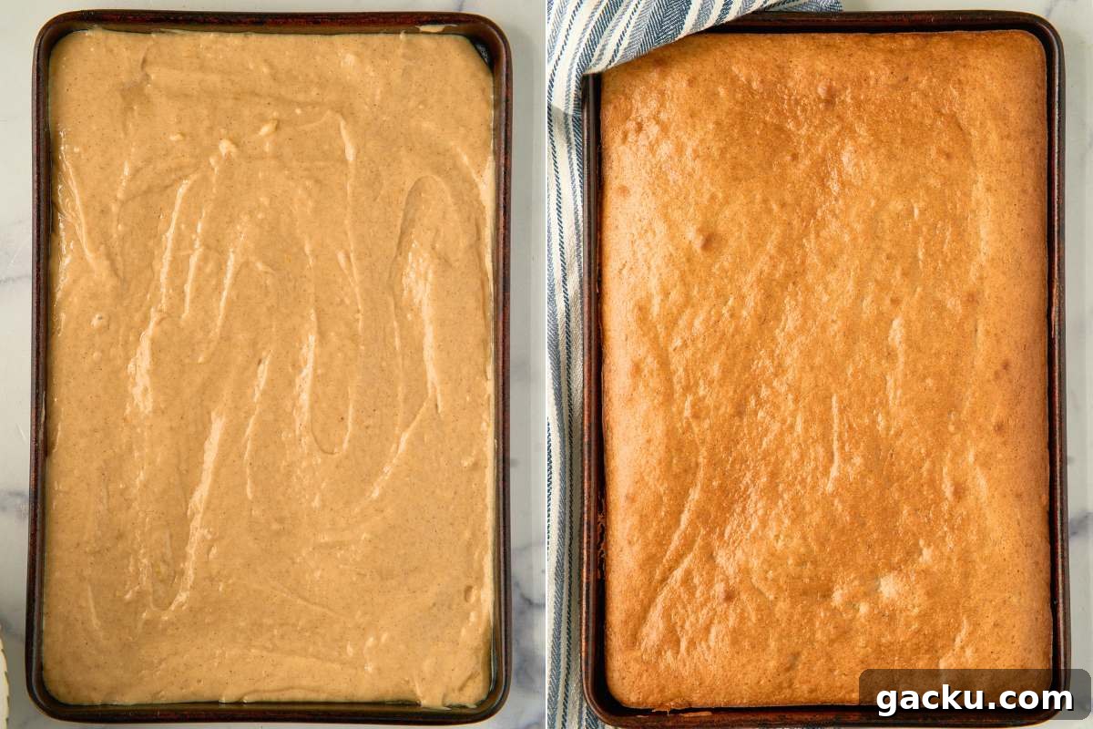 Moist Spiced Sourdough Banana Cake Recipe for Tangy Flavor 7 Split image: batter spread in a pan, then the fully baked cake in the same pan.