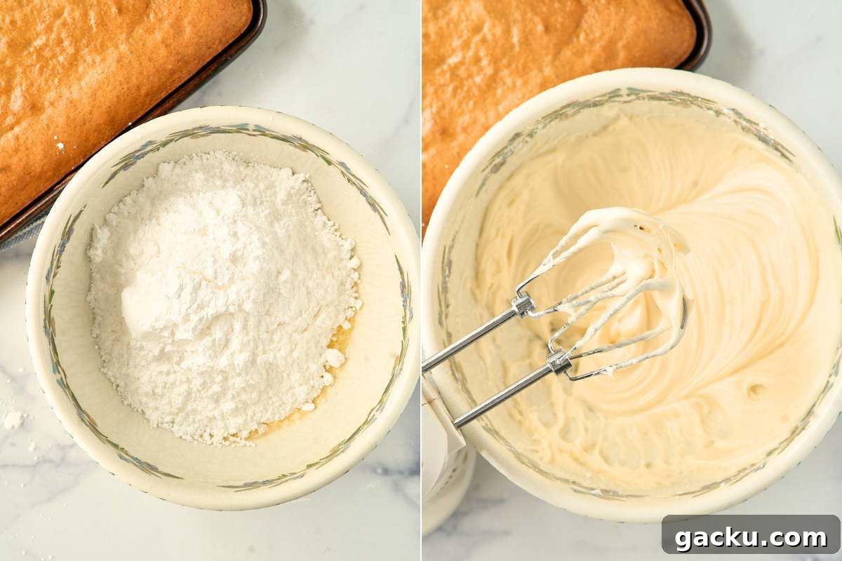 Moist Spiced Sourdough Banana Cake Recipe for Tangy Flavor 8 Split image: powdered sugar in a bowl, then cream cheese frosting beaten smooth with a mixer.