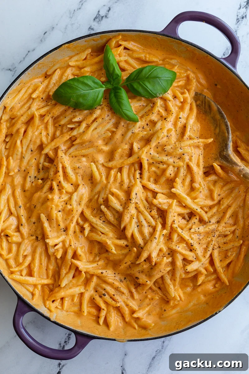 Creamy Roasted Red Pepper Tofu Pasta Recipe 3 Spiral pasta in roasted red pepper sauce in a skillet