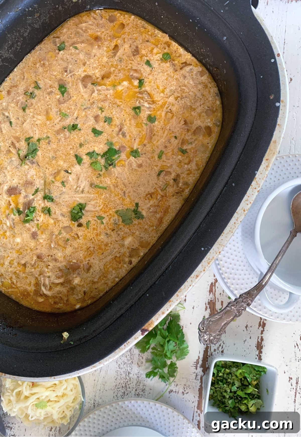 Finished white chicken chili recipe in the slow cooker.