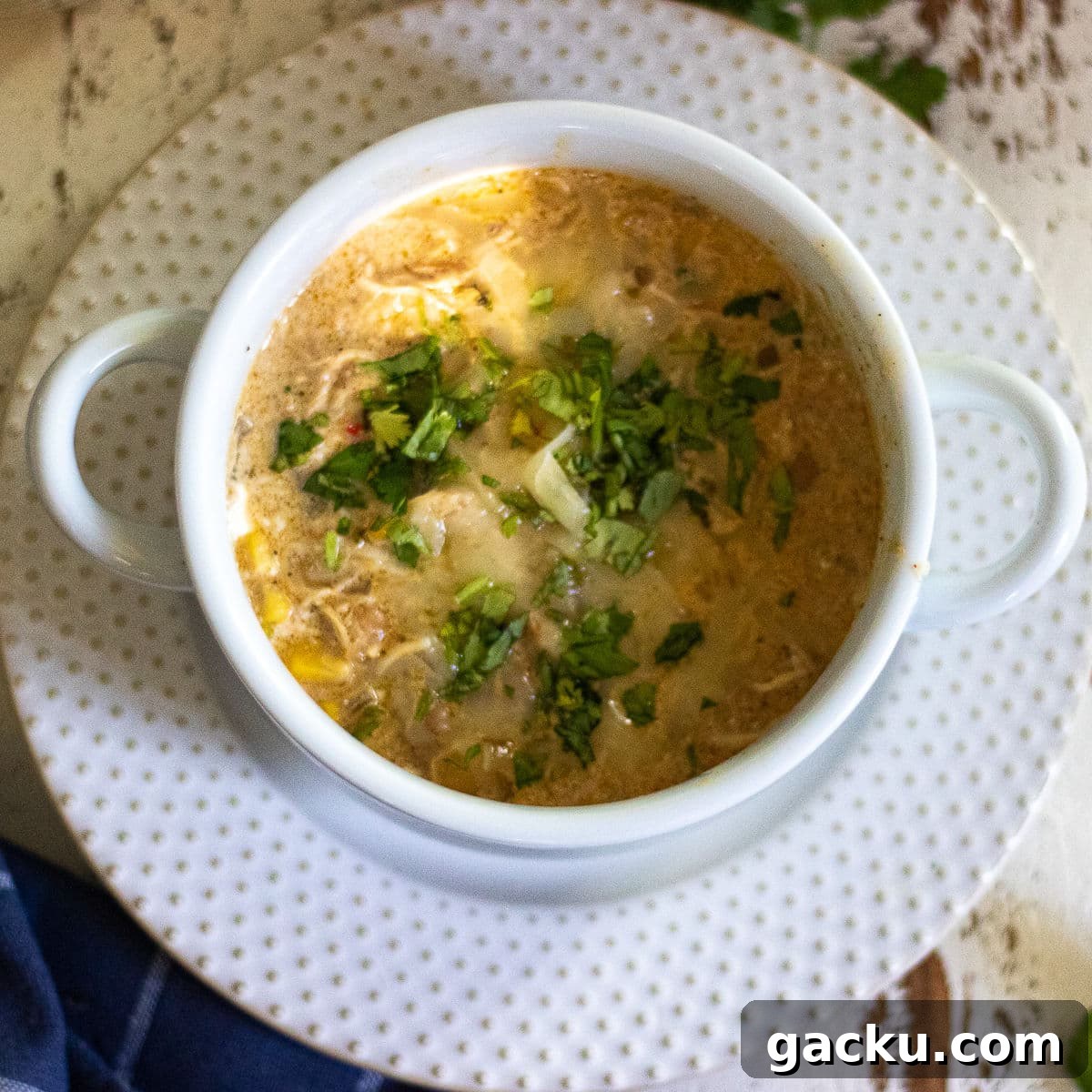 Bowl of chicken chili on a white plate.