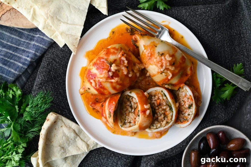 Greek-Style Stuffed Calamari Recipe with Lemon and Herbs 11 Baked squid stuffed with rice and herbs and baked in a tomato sauce.
