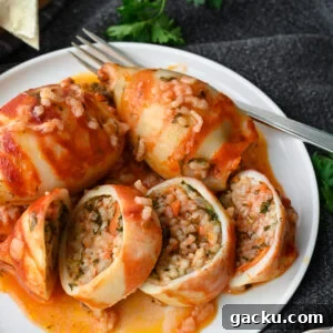 Greek-Style Stuffed Calamari Recipe with Lemon and Herbs 12 Baked squid stuffed with rice and herbs and baked in a tomato sauce.