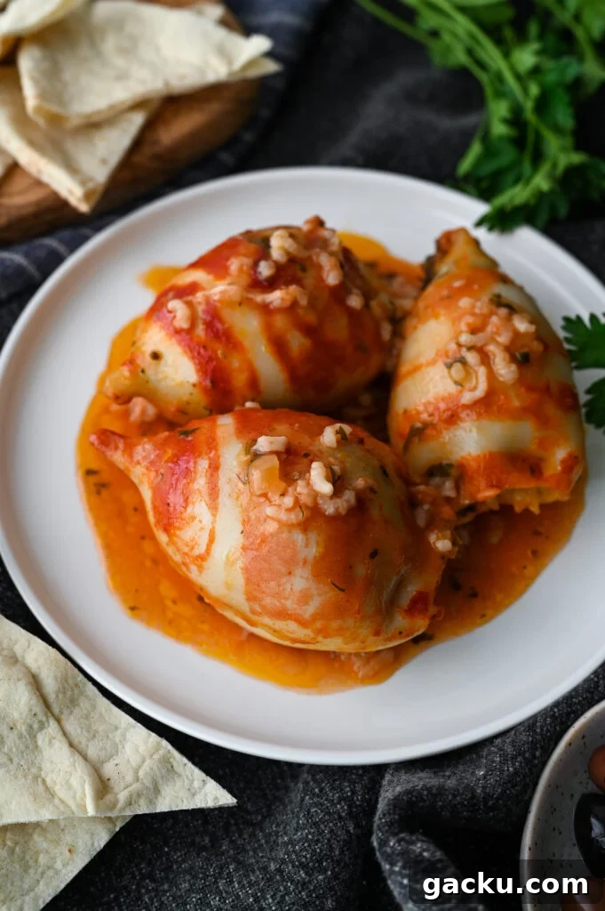 Greek-Style Stuffed Calamari Recipe with Lemon and Herbs 3 Baked squid stuffed with rice and herbs and baked in a tomato sauce.