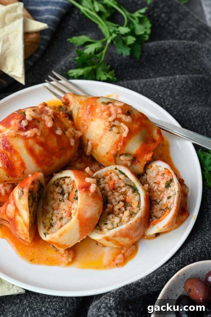 Greek-Style Stuffed Calamari Recipe with Lemon and Herbs 10 Baked squid stuffed with rice and herbs and baked in a tomato sauce.