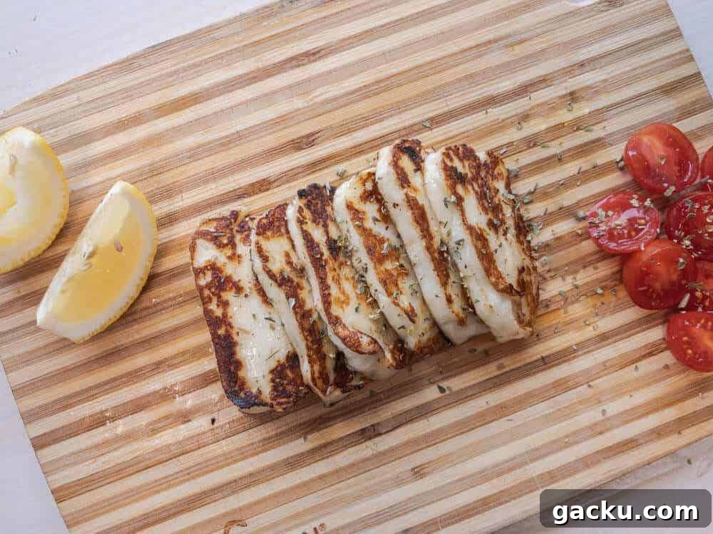 Cooked Halloumi on serving board