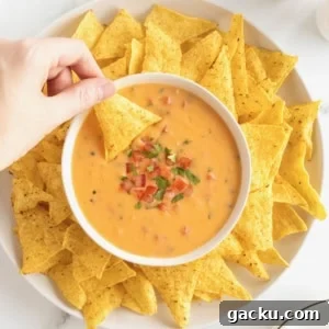 A bowl of queso in the middle of a large white round serving platter filled with corn tortilla chips.