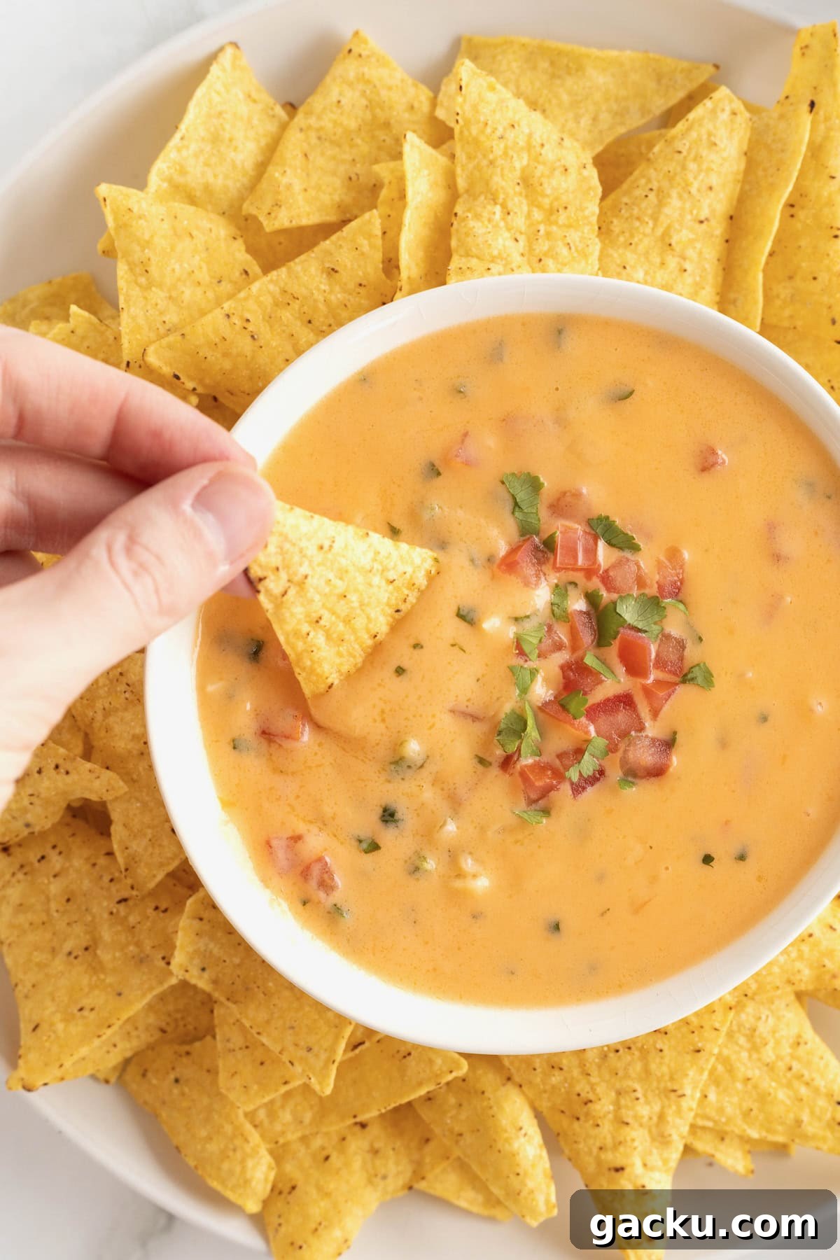 Stovetop Queso Recipe: Creamy, Quick Melted Cheese Dip 6 A hand dipping a corn tortilla chip into a white serving bowl of queso.