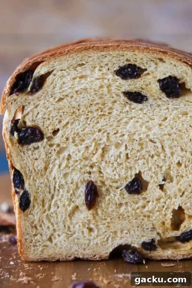 Classic German Stollen Recipe: Traditional Holiday Fruit Bread 11 Old Fashioned Raisin Bread sliced interior.