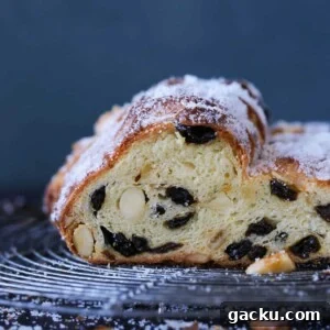 Classic German Stollen Recipe: Traditional Holiday Fruit Bread 13 Stollen Delicious Sideview.