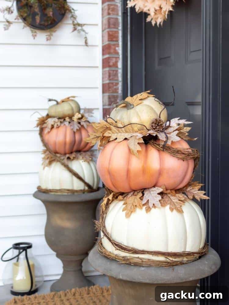 15 Fall DIY Home Decor Crafts to Transform Your Space 11 stacked pumpkins in urn style planters by front door