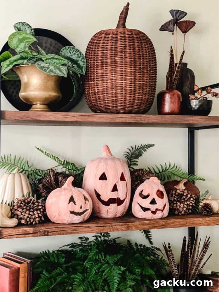 15 Fall DIY Home Decor Crafts to Transform Your Space 5 DIY pumpkins on wood shelves with greenery and pinecones