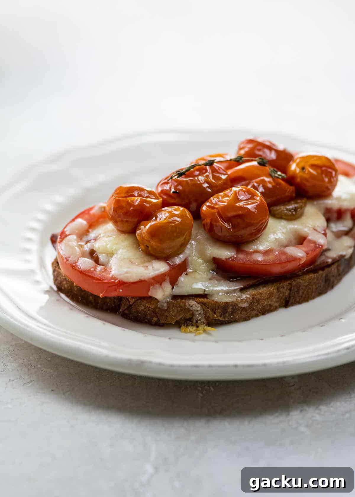 open face grilled cheese with ham, tomatoes, gruyere, and tomato confit on a plate
