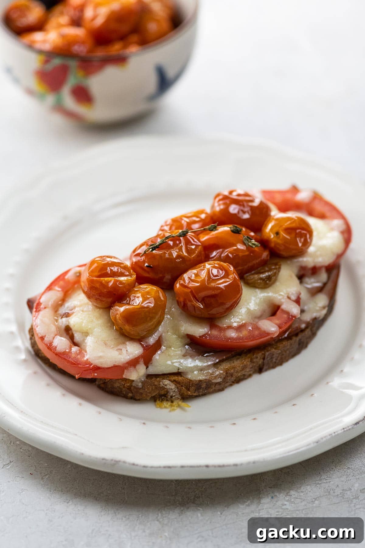 open face grilled cheese with ham, tomatoes, gruyere, and tomato confit on a plate