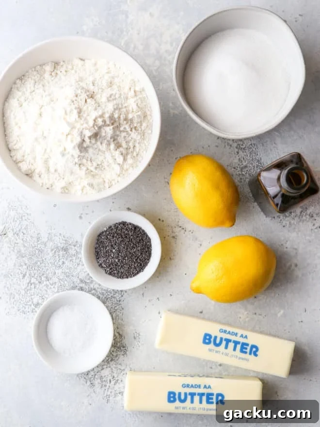 ingredients for lemon poppy seed shortbread cookies