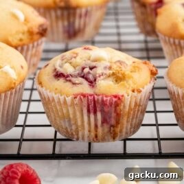 White Chocolate Raspberry Muffins with Fresh Raspberries 13 White Chocolate and Raspberry Muffins on a cooling rack