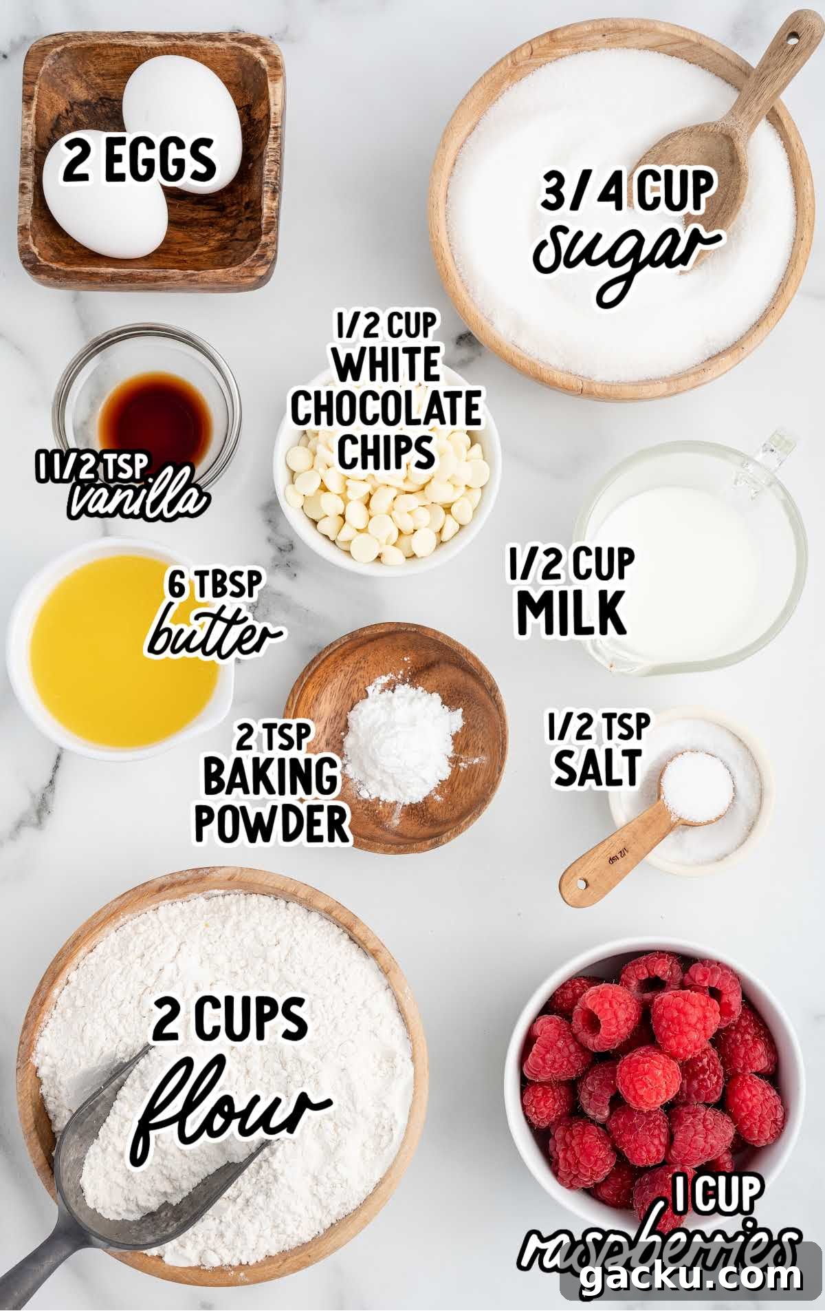 White Chocolate Raspberry Muffins with Fresh Raspberries 3 White Chocolate and Raspberry Muffins raw ingredients that are labeled