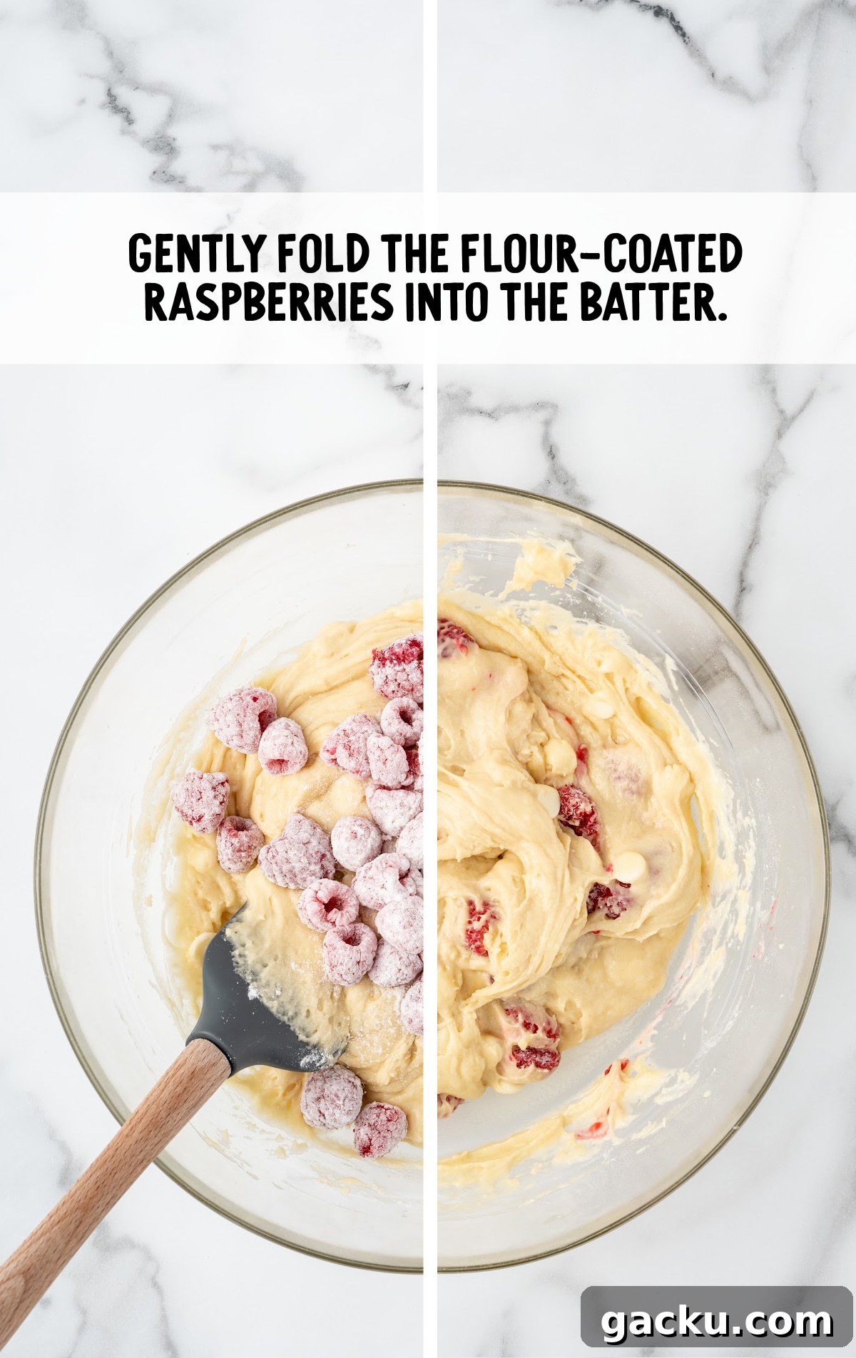 White Chocolate Raspberry Muffins with Fresh Raspberries 5 The raspberries are being folded into the batter.