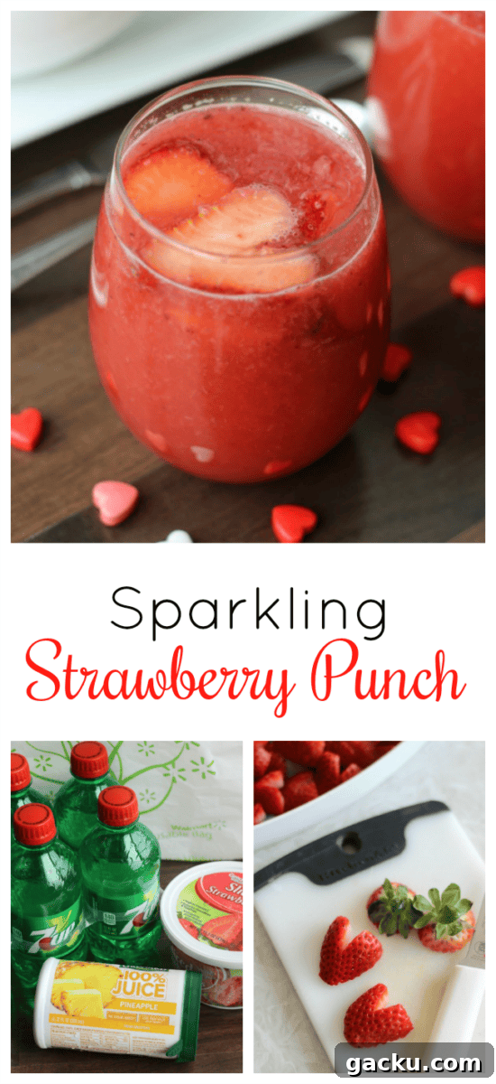 A delicious sparkling strawberry punch made with strawberries, pineapple juice and 7-up. Add heart shaped strawberries as a garnish for the perfect Valentine's Day punch!
