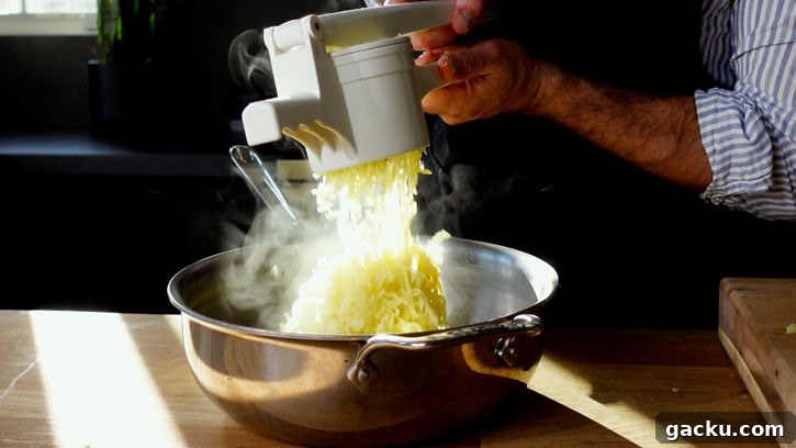 passing mashed potatoes through a ricer
