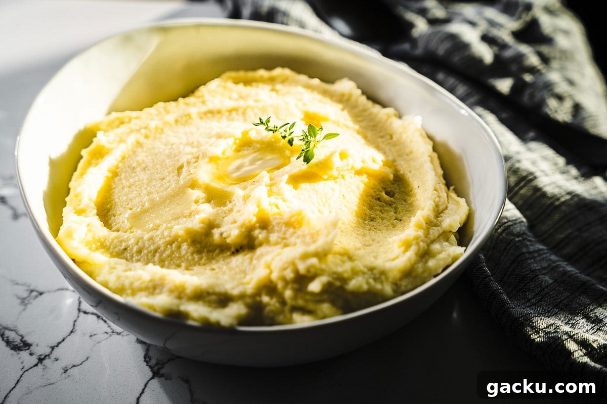 creamy mashed potatoes in a bowl overhead