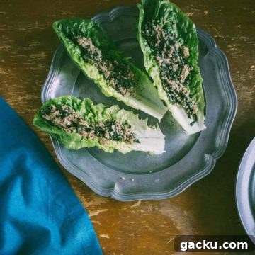 three Romaine lettuce leaves filled with an Asian mushroom mixture
