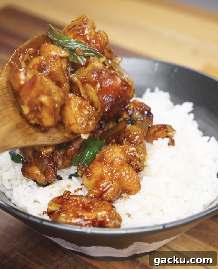 Spoonful of garlic chicken stir fry being served over steamed white rice, showing glossy sauce-coated chicken and onions.