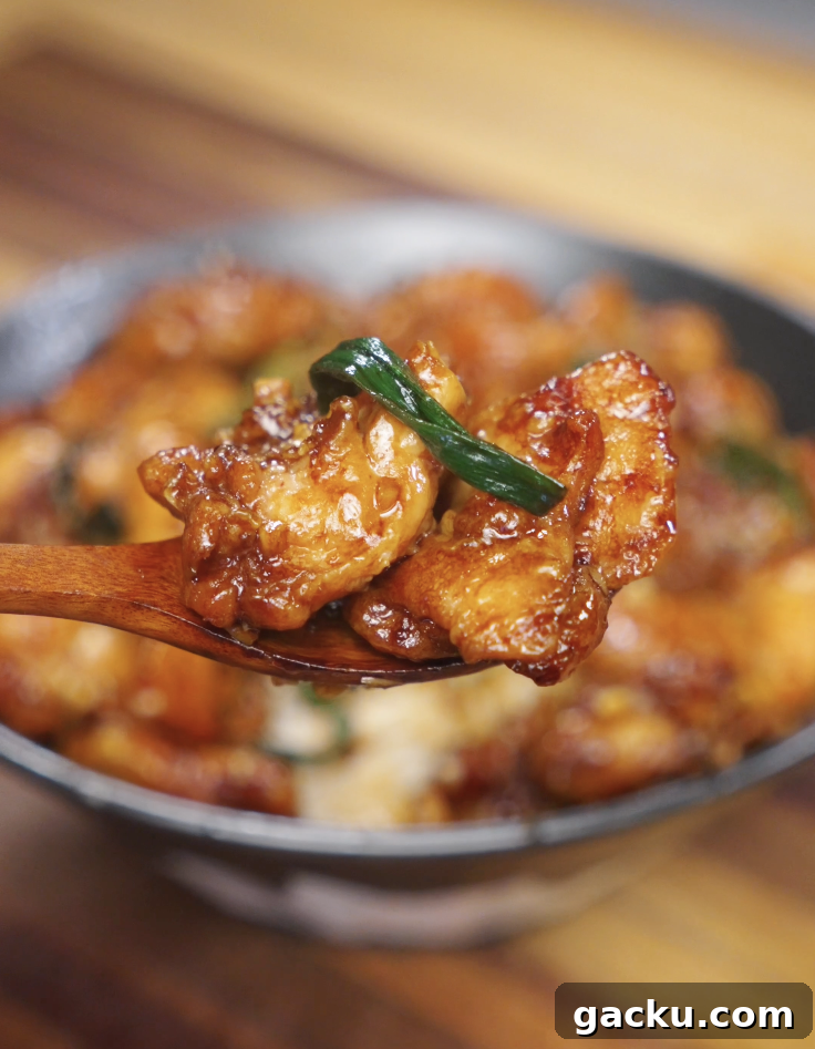 Close-up bite of garlic chicken stir fry on a wooden spoon, showing caramelized chicken pieces coated in a rich soy garlic sauce with scallions.