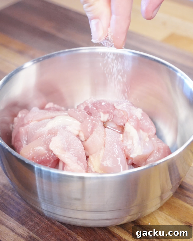 Cubed boneless chicken thighs being seasoned with salt in a stainless steel bowl as the first step in making garlic chicken stir fry.