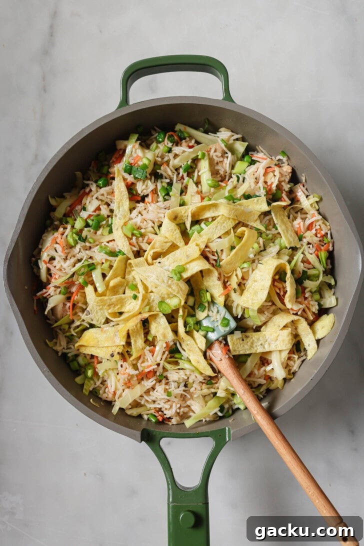 Indo-Chinese Basmati Fried Rice Recipe 13 Fried egg added to Indo-Chinese Chicken Fried Rice.