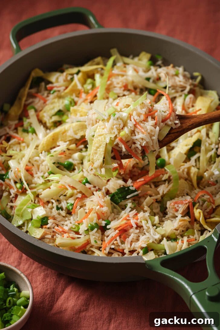 Indo-Chinese Basmati Fried Rice Recipe 15 Holding a spoonful of Indo-Chinese Chicken Fried Rice over a skillet.
