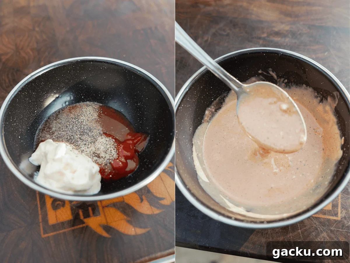 Croissant Smash Burger Recipe: Crispy-Buttery Smash Burger Guide 5 Making burger sauce with mayonnaise, ketchup, relish and FYR RED Hot Sauce