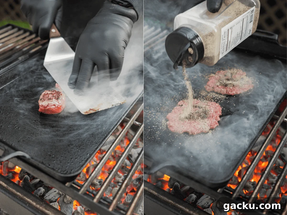 Croissant Smash Burger Recipe: Crispy-Buttery Smash Burger Guide 6 Gloved hands smashing beef patties with a heavy metal spatula and then seasoning with one of Derek Wolf's Spiceology rubs