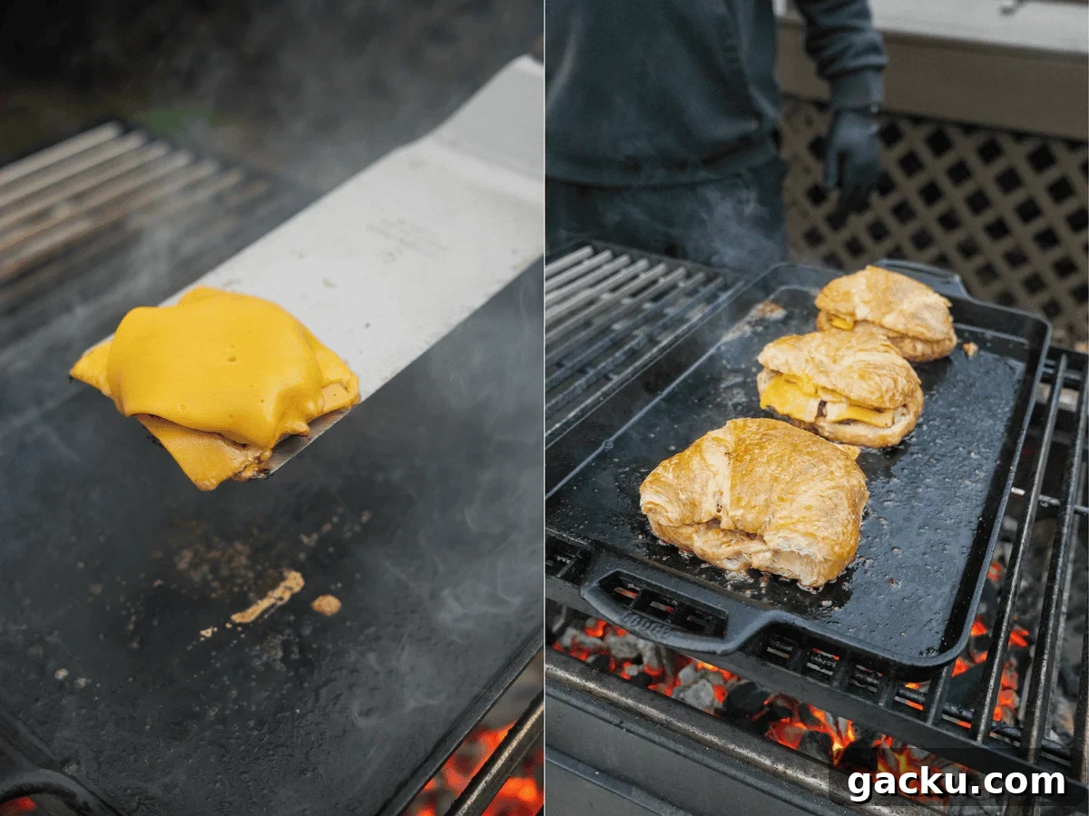 Croissant Smash Burger Recipe: Crispy-Buttery Smash Burger Guide 7 Slices of American cheese on a metal spatula over the grill and croissants ready for smashing on a cast iron skillet on the grill