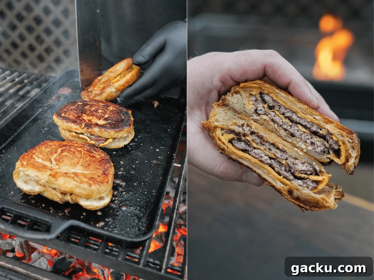 Croissant Smash Burger Recipe: Crispy-Buttery Smash Burger Guide 8 Gloved hands pulling toasted croissant smashburgers from the grill and then a hand holding a sliced croissant smashburger to show the beef patty texture