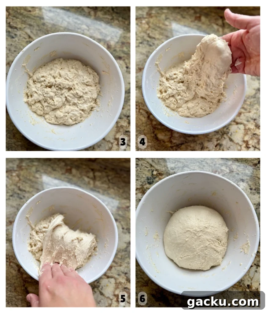 Four pictures show a bowl with dough and hands stretching and folding the dough.